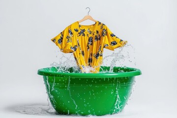 Yellow Floral Dress in Water: Dynamic Splash, Laundry Concept, Cleanliness.