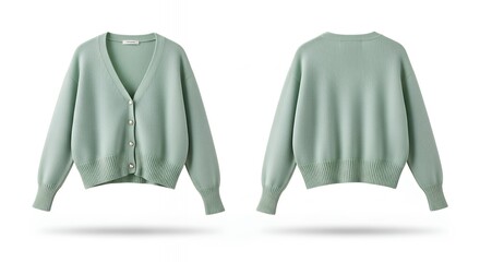Elegant pastel mint green cardigan displayed from both front and back views highlighting its soft knit fabric and classic relaxed fit suitable for