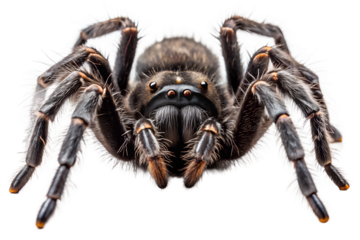 Closeup front view of a large, hairy tarantula spider with fangs and multiple eyes, isolated on transparent background