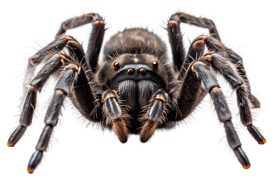 Closeup front view of a large, hairy tarantula spider with fangs and multiple eyes, isolated on transparent background