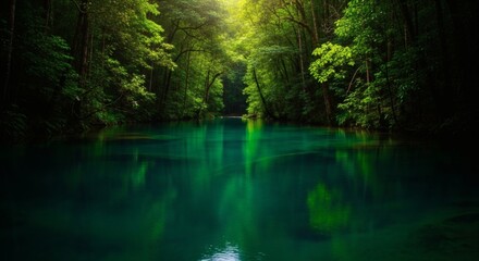 Obraz premium Lush green trees surround a clear turquoise river, reflecting the forest canopy in its still waters, creating a serene natural landscape.