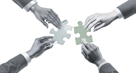 Teamwork, Collaboration, Problem Solving Hands Joining Puzzle Pieces