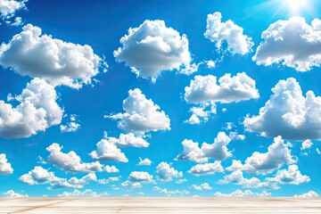 Serene Sky: Fluffy Clouds Dance Above Wooden Platform, Bright Blue