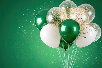 Festive Balloon Bouquet on Emerald Green Background with Gold Confetti Sparkle