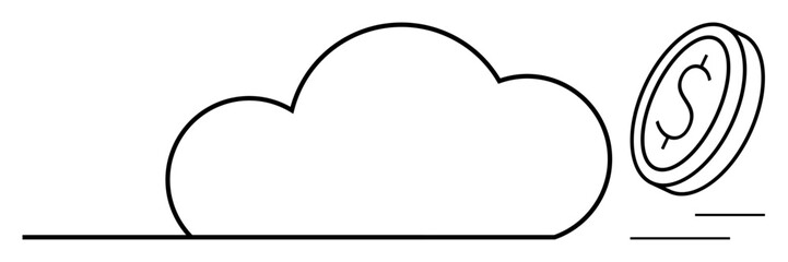 Obraz premium Simplified cloud outline paired with a dollar coin in motion, suggesting financial concepts. Ideal for savings, technology, growth, investment, finance, online economy innovation. Flat simple