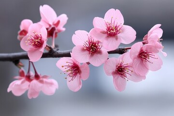 Delicate Pink Cherry Blossoms on Branch, Soft Focus, Springtime Beauty