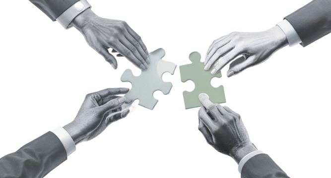 Teamwork, Collaboration, Problem Solving Hands Joining Puzzle Pieces