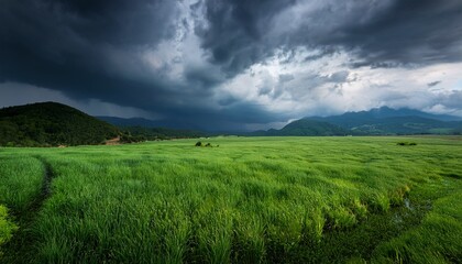 Obraz premium lush grassland under overcast skies before rain during the day