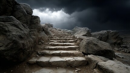 Stone steps lead up a rocky path towards a dark stormy sky.