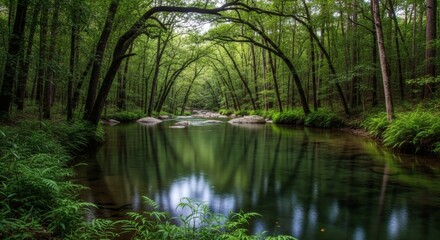 Fototapeta premium A serene river flows through a lush forest, trees arching to form a natural canopy over the water, reflecting the green canopy.