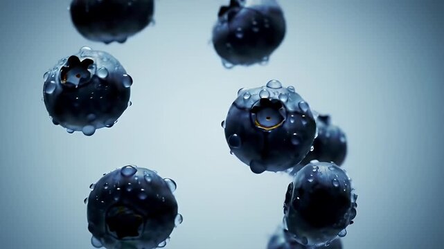 Aerial View of Ripe Blueberries Adorned with Water Droplets in Soft Blue Background Showcasing Freshness and Nutrition Perfect For Decoration During National Blueberry Day Promotion and Advertising
