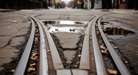 Tracks converge on a wet street, leading towards a blurred urban background, evoking themes of journeys, connections, and pathways.