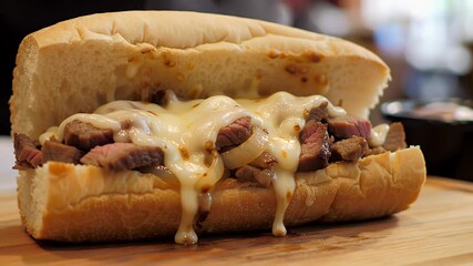 Close Up of Delicious Philly Cheesesteak Sandwich with Melted Cheese on Crusty Roll Served on Wooden Board for National Sandwich Day Promotion and Culinary Delights and Tasty Gourmet Meal