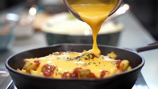 Close Up of Cheddar Cheese Pouring Over Fries with Ketchup and Parsley in a Black Cast Iron Pan Perfect for Culinary Advertisement and Restaurant Promotion on National Fry Day Sizzling with Flavor