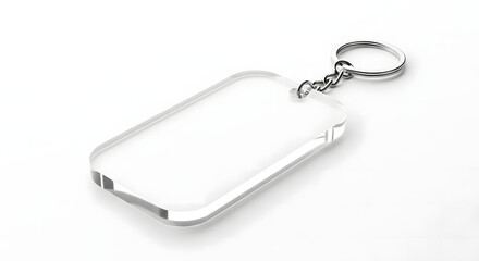 A clear acrylic rectangular keychain with rounded corners and a silver metal ring attached to a small chain.