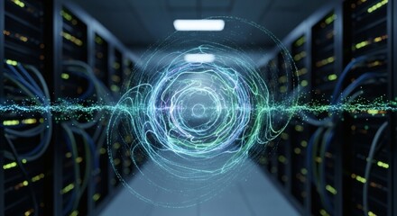 Futuristic server room with glowing abstract energy field. High tech data center concept with digital technology. Visual representation of data.