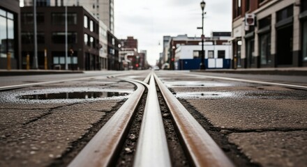 Fototapeta premium Urban intersection with diverging tram tracks reflecting the sky, showcasing a contrast between industrial infrastructure and urban landscape.
