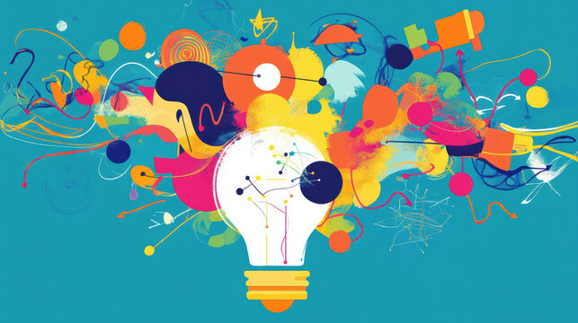 Colorful abstract illustration of idea generation featuring light bulb surrounded by vibrant shapes, lines, and dots, symbolizing creativity and innovation. dynamic composition evokes inspiration