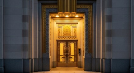 Ornate building entrance featuring golden doors and decorative architectural details, illuminated with warm light against a stone facade.
