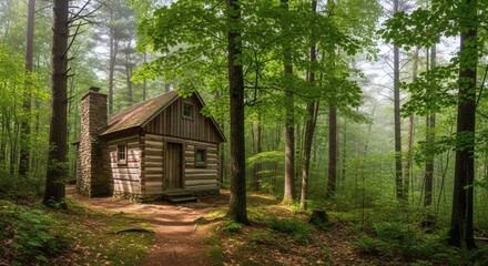 Secluded wooden cabin with a stone chimney nestled deep within a vibrant green forest, creating a serene and inviting woodland escape.