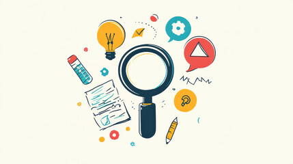 Colorful concept icon for research and observation featuring magnifying glass surrounded by various symbols like light bulbs, documents, and chat bubbles, conveying curiosity and exploration