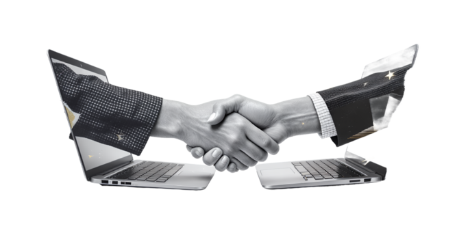 Virtual Handshake, Online Agreement, Business Deal, Digital Partnership, Laptop Connection, Remote Collaboration, Modern  