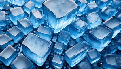 an assortment of blue ice cubes forms a textured background providing a visually appealing surface for creative design applications