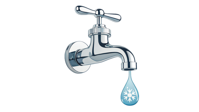 A chrome faucet with a stylized ice droplet falling against a white tiled wall