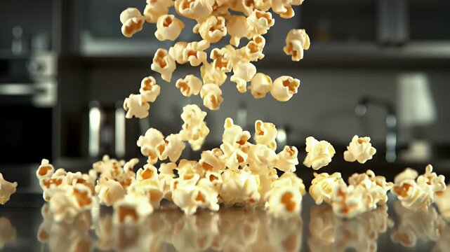 Golden Cascade of Fresh Popcorn in a Modern Kitchen Setting a Close Up Shot of Delicious Kernels Falling onto a Shiny Metallic Table Top Ideal for National Popcorn Day and Movie Night Promotions