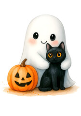 Obraz premium Cute Halloween Ghost Watercolor Illustration, Spooky Kawaii Spirit Clipart