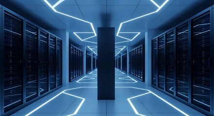 futuristic data center with glowing neon lines illuminating sleek server racks and a symmetrical design creating a high-tech digital environment