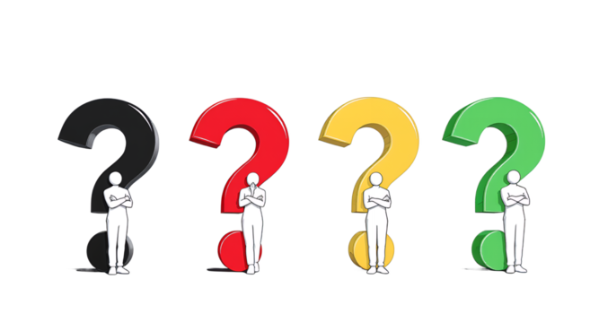 A colorful illustration depicting abstract concept of question marks and the people behind them.