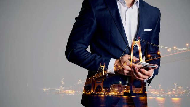 Business Individual Possessing Sophisticated Mobile Communication Device, Depicted Through Dual Exposure Conceptual Technique
