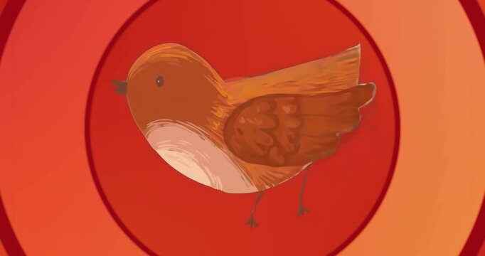 Animated cartoon brown white bird opening beak and emitting pulsing rings and showing chirp pulses