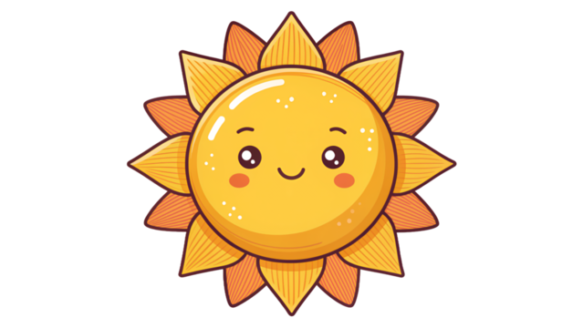 A cute, cartoon illustration of a smiling sun with radiant petals and star accents. - Powered by Adobe