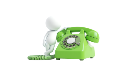 A green rotary phone and a white figure isolated on white.