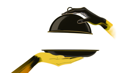 A hand offering a covered platter on a yellow background