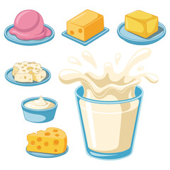 Assorted dairy products collection with milk bottle jug glass and ice cream butter cheese vector illustration
