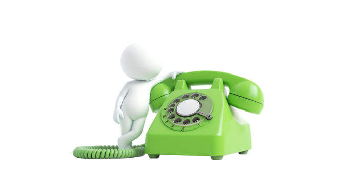 A green rotary phone and a white figure isolated on white.