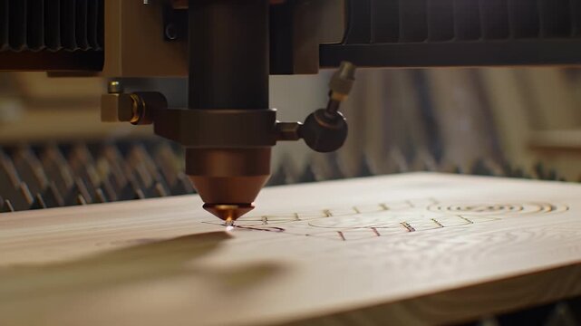 Laser Engraving Precision Close Up on Light Brown Wooden Board with Delicate Smoke Laser Beam Automation Light with a Detailed Industrial Manufacturing Process Close View