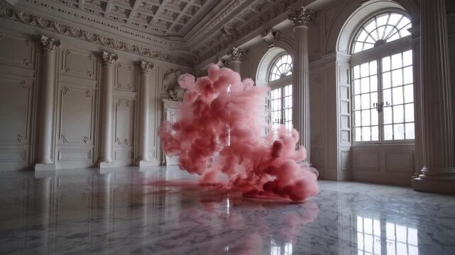 Crimson cloud of smoke dispersed inside vacant neoclassical style room, computer-generated ry
