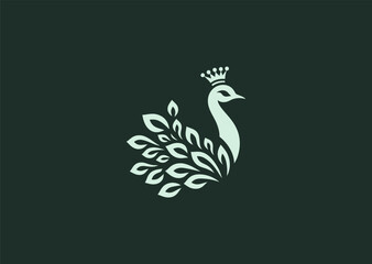 A simple minimalist peacock with royal crown silhouette style, representing beauty, pride, and elegance