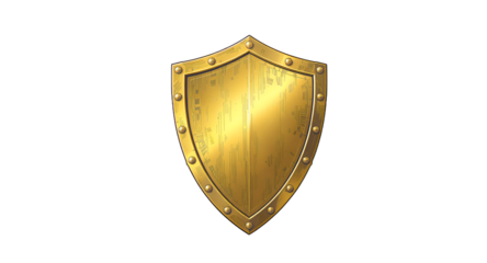 A shiny golden shield isolated on a white background, perfect for security and protection concepts.