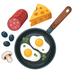 Assorted ingredients for making an omelette arranged from above hand drawn cartoon style