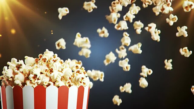 Overflowing Classic Red and White Striped Popcorn Bucket on Dark Blue Background with Lens Flares Perfect for Cinema and Snack Advertisements with Fun and Appetizing Appeal, Stock footage optimized