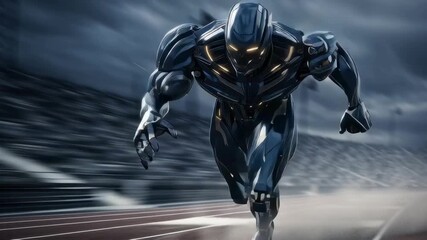 Futuristic cybernetic athlete robot sprinting on running track with powerful speed and glowing eyes in sci-fi stadium - Powered by Adobe