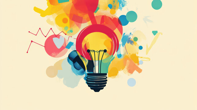 Vibrant light bulb symbolizes creativity and idea generation, surrounded by colorful abstract shapes and patterns. This artwork evokes inspiration and innovation, perfect for representing