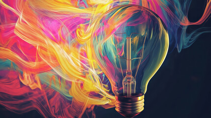Vibrant light bulb surrounded by colorful, flowing smoke represents concept of idea generation and creativity. dynamic colors evoke sense of inspiration and innovation