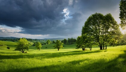 Obraz premium serene landscape with trees and grass under a cloudy sky