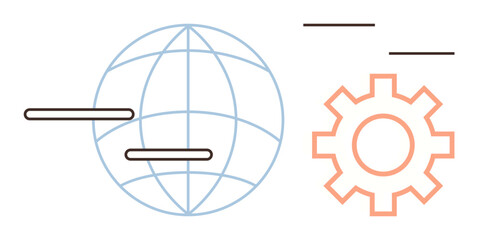 Globe with horizontal lines next to interconnected gear symbolizing innovation, global networking, or technology. Ideal for automation, internet, progress, development, digital systems, strategy